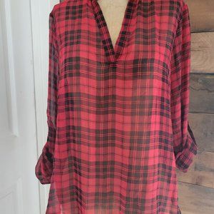 Almost Famous Blouse Red Black Plaid Sheer L
